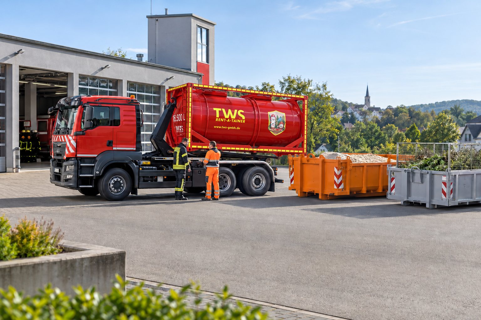 Löschwasser strategisch vorhaltenDie Reserve kann schon da sein.Bei Vegetationsbränden ist ausreichend Löschwasser nicht überall unmittelbar verfügbar. Der TWS Löschwasser-Tankcontainer ermöglicht es, 16.500 Liter Löschwasser vorsorglich an geeigneten Standorten bereitzustellen.Alternativ kann die Löschwasserreserve während besonderer Gefahrenperioden direkt auf einem geeigneten Wechselladerfahrzeug vorgehalten werden – beispielsweise während der Getreideernte oder Rundballenproduktion.